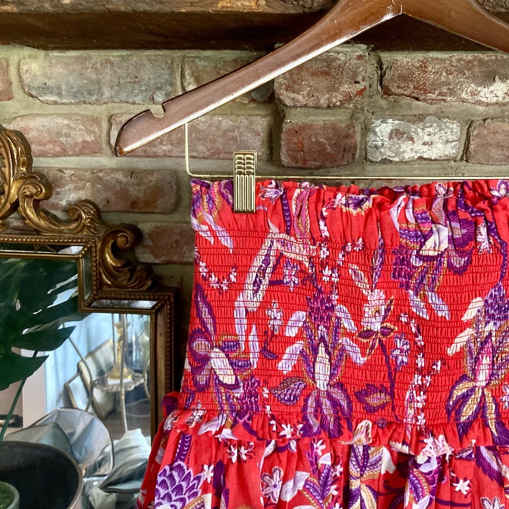 SUNDRY Red & Purple Floral Tiered Ruffle Mini Skirt Cottagecore Boho Festival - Picture 8 of 14